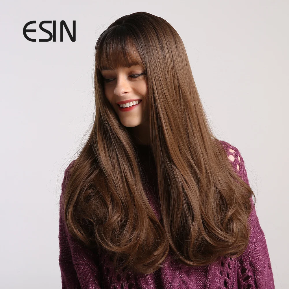 ESIN темно коричневый Длинный натуральный волнистый парик с воздушной челкой