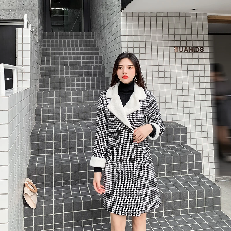 Пальто из искусственного меха 2019 зимняя женская модная клетчатая куртка овечьей
