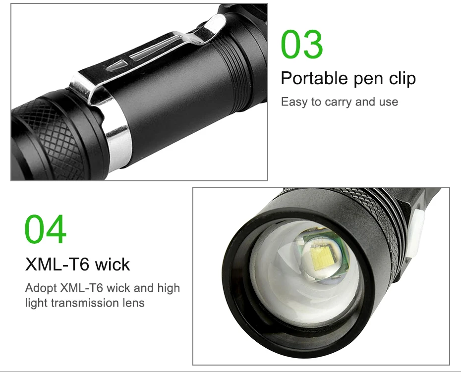 저렴한 강력한 Led 손전등 USB 충전식 줌 토치 T6 LED 손 램프 18650 캠핑 하이킹 작업에 대 한 배터리 플래시 빛 사용