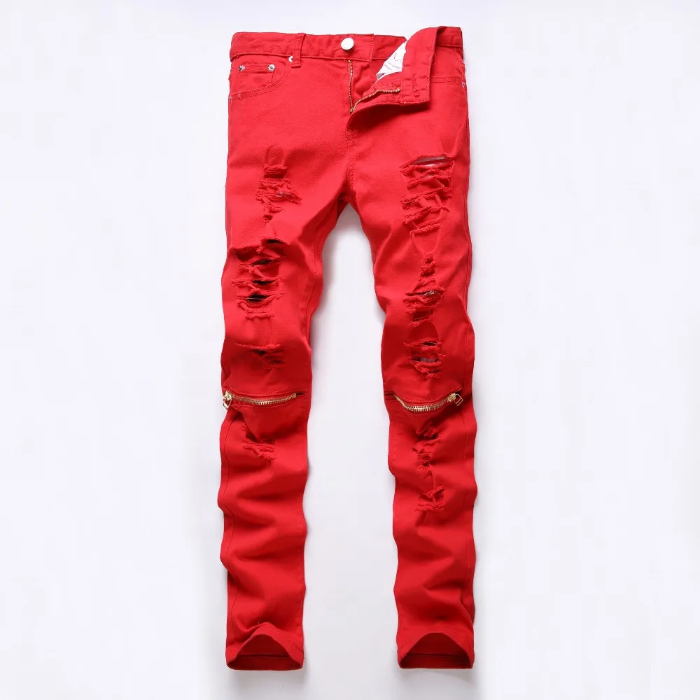 New Fashion Mens Ripped Biker Jeans 100% Cotton Red Black White Slim Fit Motorcycle Jeans Men's Skinny Hole Denim Joggers Pants