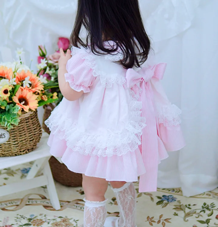 

Summer Pink Turkey Vintage Spanish Lolita lace stitching Princess Ball Gown Dress For Bady Girl Birthday Easter Dress
