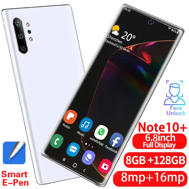 

6.8inch Galay Note 10+ Cellphones Smartphones 10Core 8 GB 128 GB 5g Android 10 8MP+16MP Face ID 4800mAh Really Telephone MTK6595