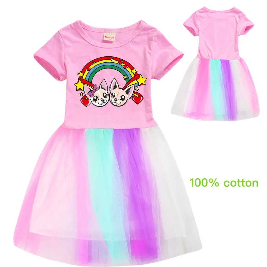 

Me Contro Te J Kids Clothes Knee-Length Dresses Cute Cotton Rainbow Full Dress Teenagers Cartoon Baby Girls Party Clothing
