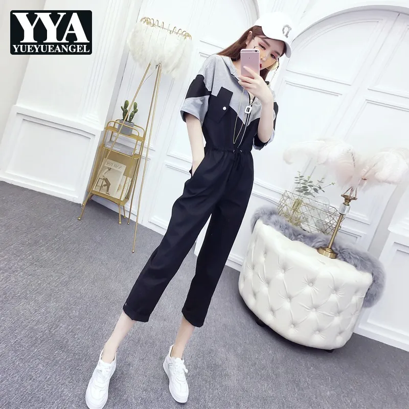 

Summer Women Straight Cargo One Piece Jumpsuit Colors Mixed Mid Calf Short Sleeve Overalls Lady Casual Hoody Jumpsuits One Size