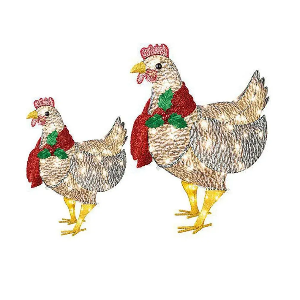 

Three-dimensional Light-Up Chicken With Scarf Metal Chicken Sculpture Lawn Corridor Christmas Atmosphere Decoration