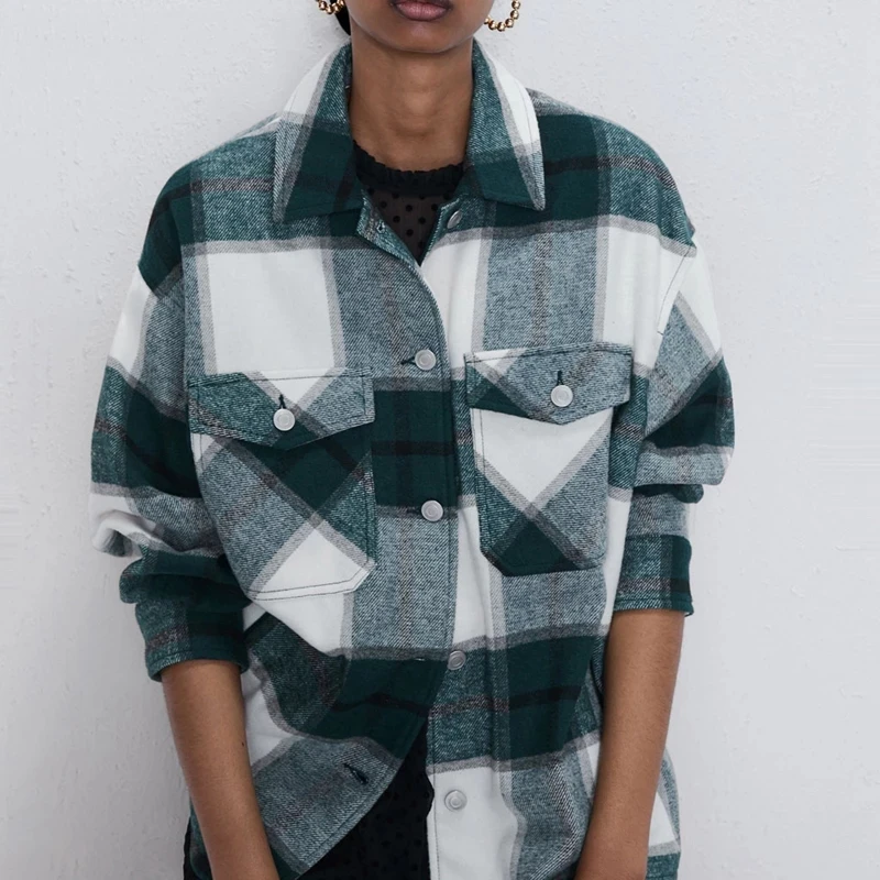 

В винтажном стиле с карманами плотный свободная клетчатая куртка женская модная одежда с длинным рукавом куртка свободного кроя Повседнев...