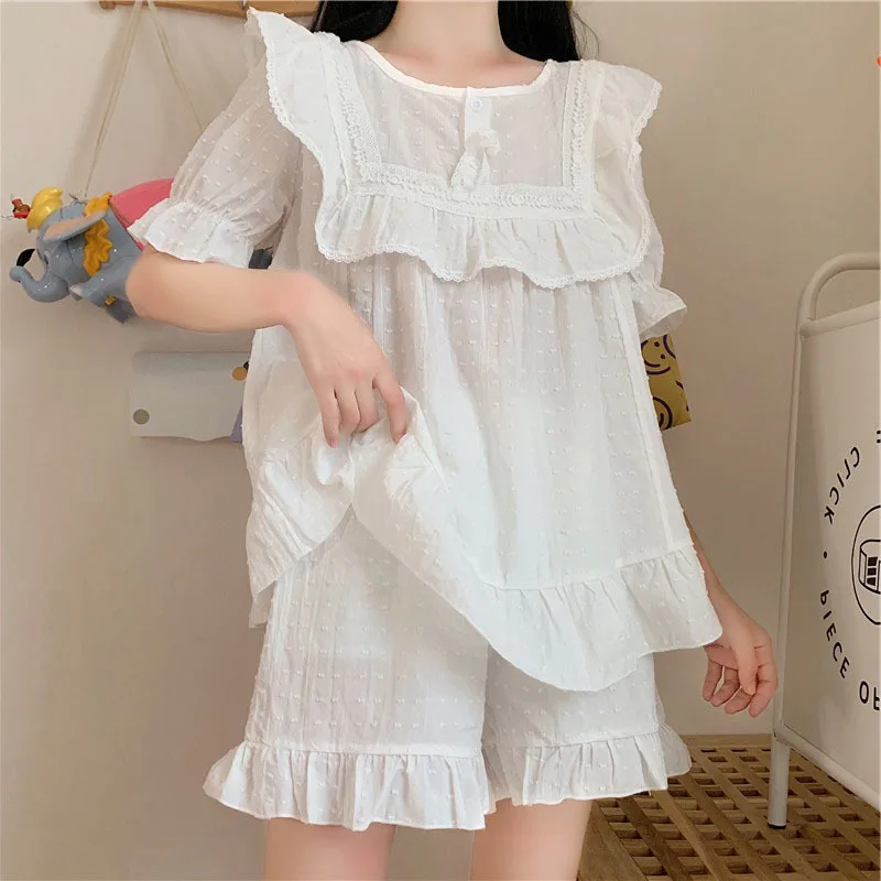 2021 Summer New Palace Style Pure Cotton Pajamas Women's Sweet Princess Style Short Sleeve Ruffle Housewear Female Sleepwear