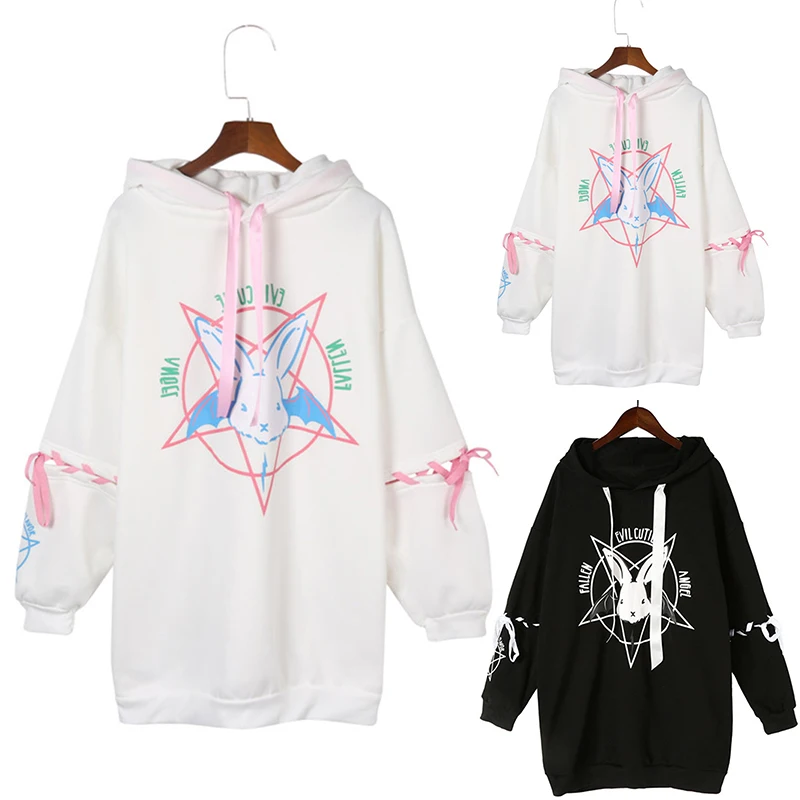 

Harajuku Pentagram Print Lace Up Women Fleeces Hoodies Gothic Punk Oversize Velvet Hooded Sweatshirt Pullover Streetwear