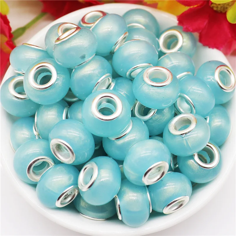 

10Pcs New Handmade Indicolite Color Acrylic Resin European Spacer Beads Large Holes with Silver Cores Fit Snake Chain Bracelet