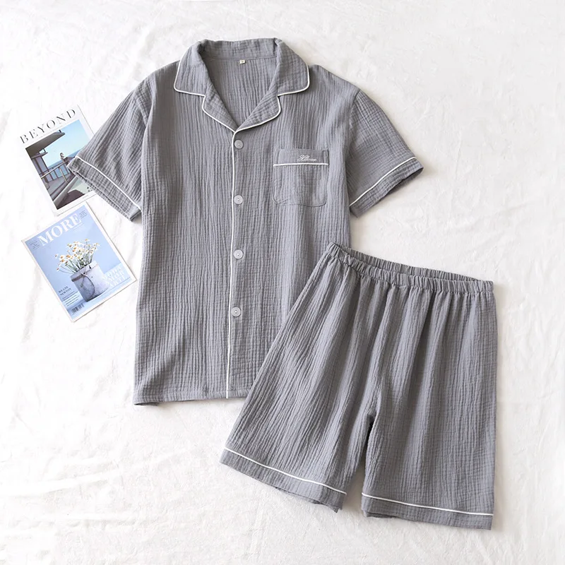 

Japanese Summer Couple Pajamas Suit Cotton Crepe Ladies Solid Color Simple Short-sleeved Shirt Shorts Pajamas Men's Home Service