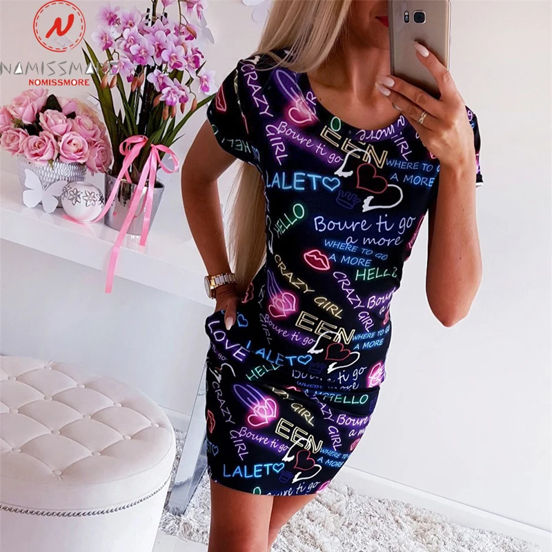 Элегантное женское платье принт с английскими буквами модное летнее Мини Платье