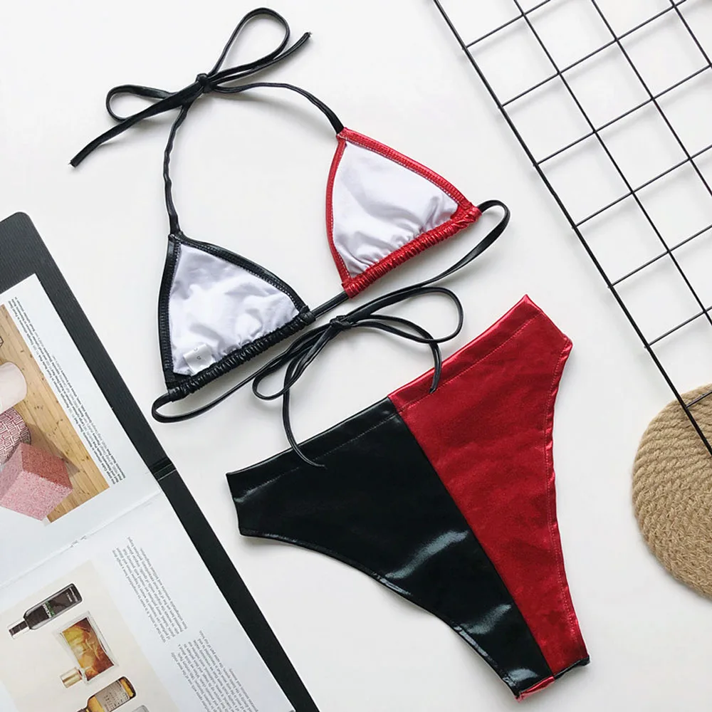 Женский купальный костюм из двух предметов красно-черный комбинированный