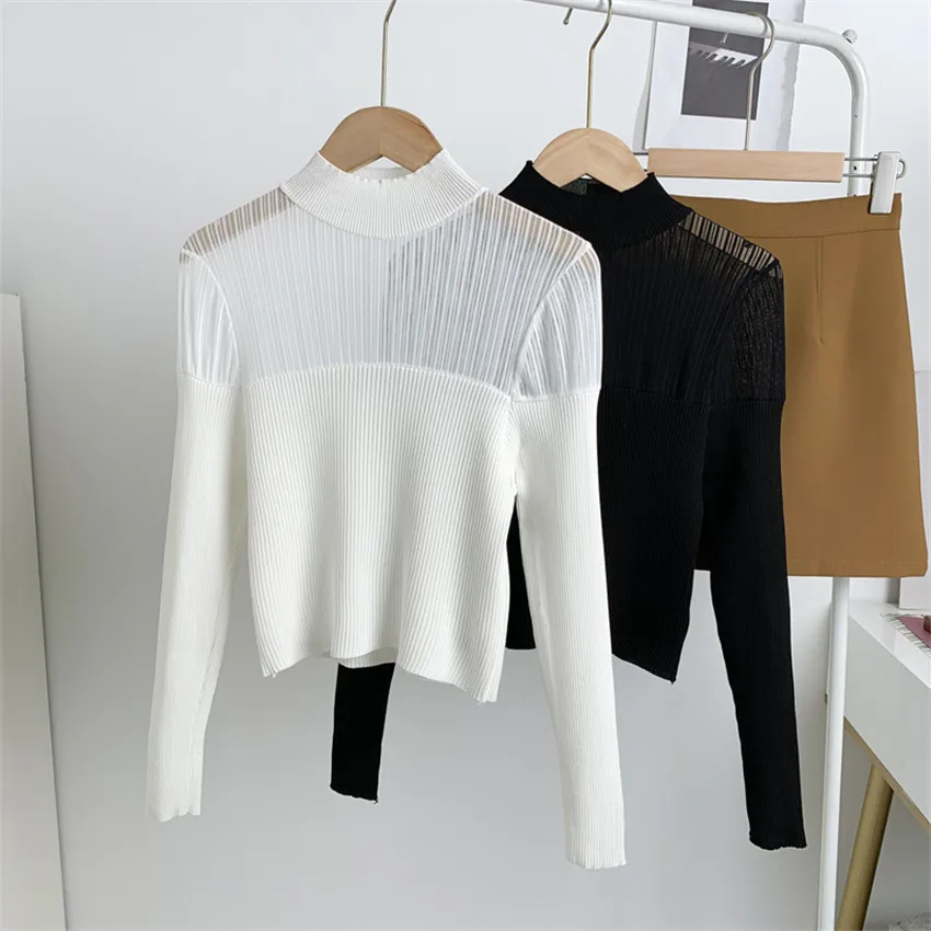 

Sexy Mesh Patchwork Knitted T Shirt Women Long Sleeve Slim Fit White Black T-Shirt Female Crop Top Knitwear