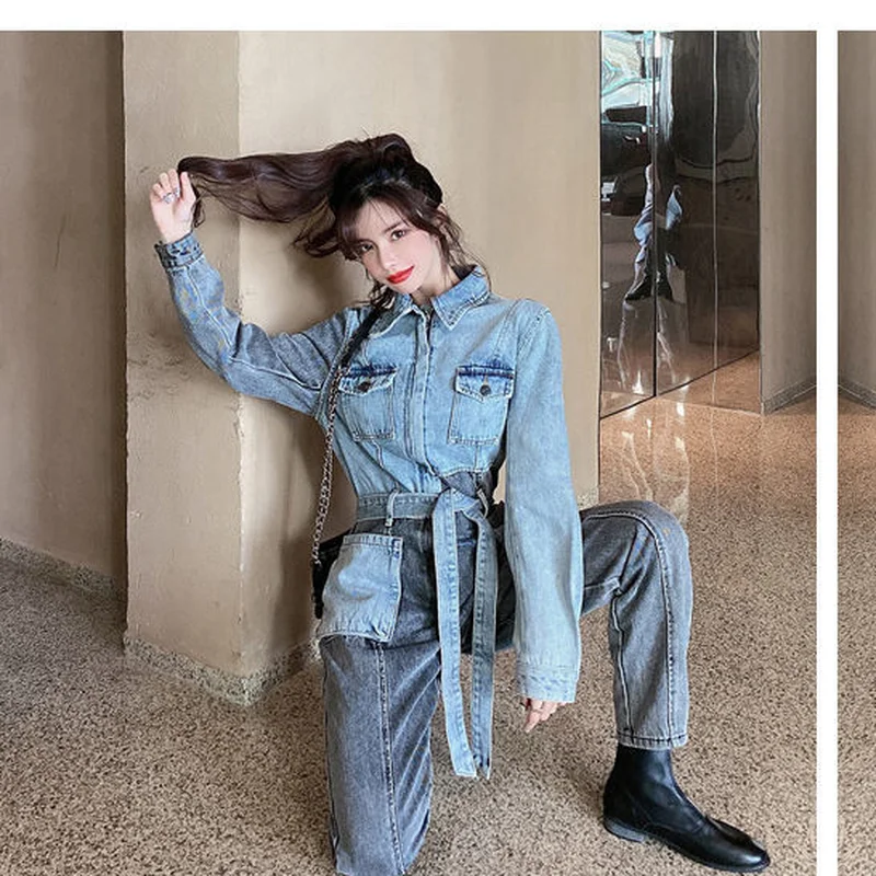 

2021 Spring Autumn New Streetwear Slim Denim Jumpsuit Women Romper Long Sleeve Belt Color Matching Female Jeans Overalls Y626