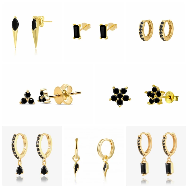 

925 Sterling Silver Earrings Bling Black Zircon Piercing Hoop Earring Jewelry For Women Plata de ley 925 Pendientes Oorbellen