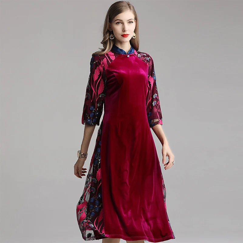 Осеннее новое бархатное платье в китайском ретро-стиле с вышивкой для мам