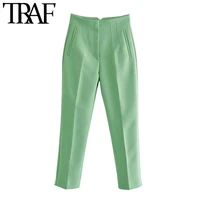 traf women fashion side pockets seam detail office wear pants vintage high waist zipper fly female ankle trousers mujer