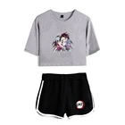 Костюм женский летний из двух предметов, короткий топ и шорты с аниме рассекающий демонов, с 3D эффектом, уличная одежда с эластичным поясом