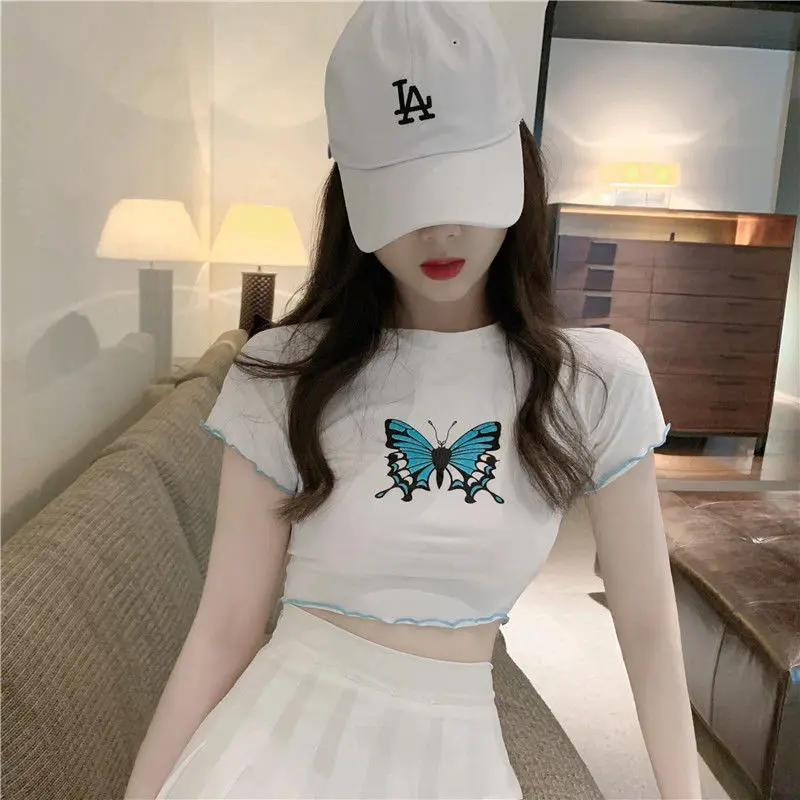 

Korean Butterfly Print Short Basic t shirt Tops Women Summer 2020 Sexy Street Style Cropped Tops Schoolgirl Streetwear Clothing