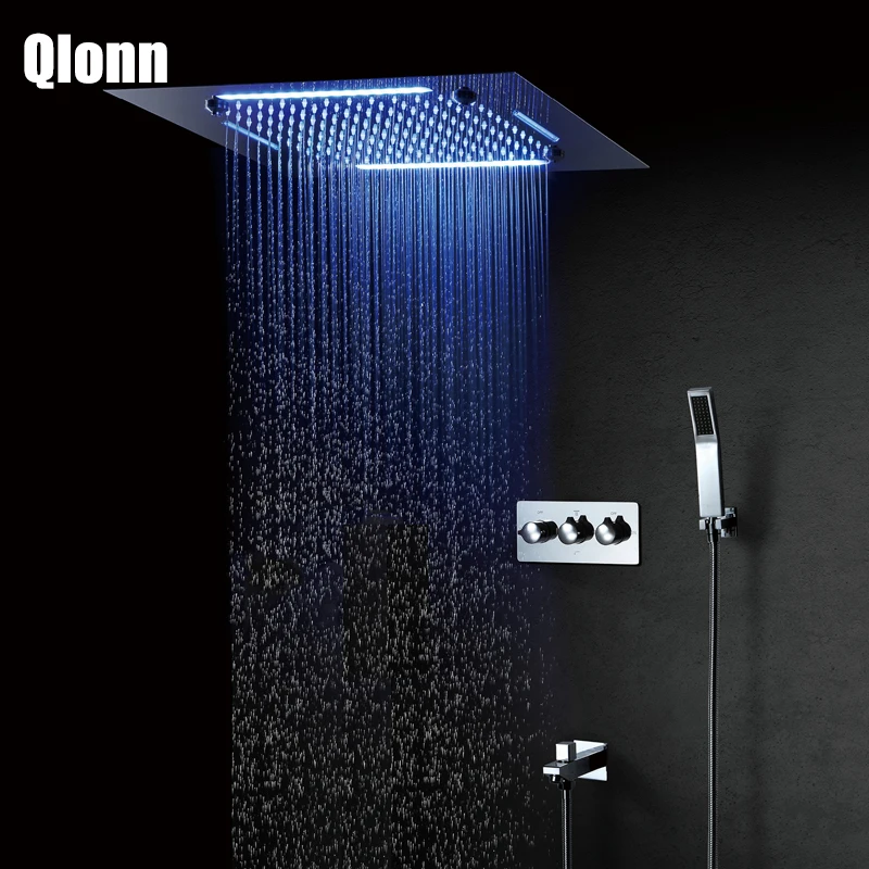 

Qlonn Large 20" Rain Shower System Embedded Ceiling LED Light Shower Head Bathroom Faucet Thermostatic Tap Brass Concealed Mixer