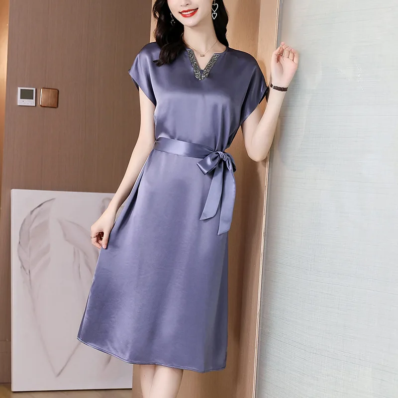 

Summer Satin Red Mulberry Silk Vintage Midi Dress 2021 Women Casual M-3XL Plus Size Sundress Elegant Slim Party Evening Vestidos