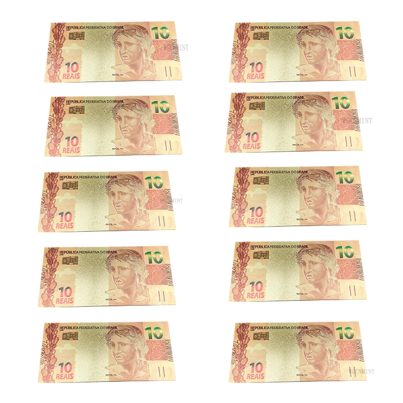 

10 шт./лот бразильские банкноты 10 пластиковых копий банкнот из золотой фольги коллекция денег сувениры на Рождество и новый год декор для Хэл...