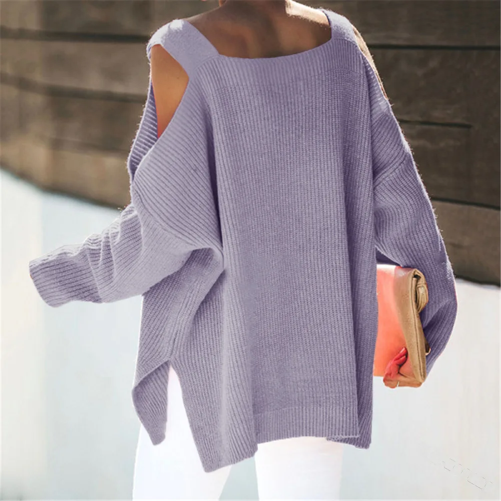 

Women Knitted Sweater Solid Color Long-sleeved Sexy Commuter Temperament Hollow Off-shoulder Pullover Loose Split Sweater