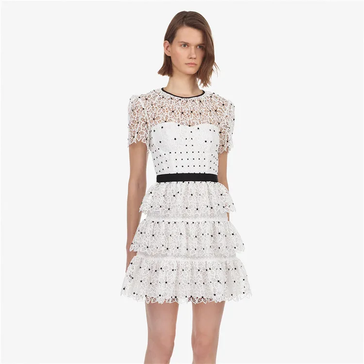 

Summer Elegant Ruffles White Polka Dot Lace Dress Women 2020 High Quality Runway Designer Mini Ball Gown Dress
