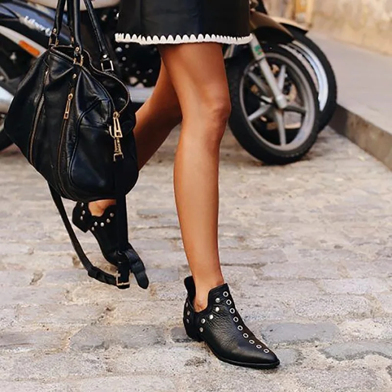 Fashion Women Shoes British Style Wedge Heel Ankle Boots Casual Black Pointed Toe Slip-on Leather Shoes Size 43 2021 Autumn New 