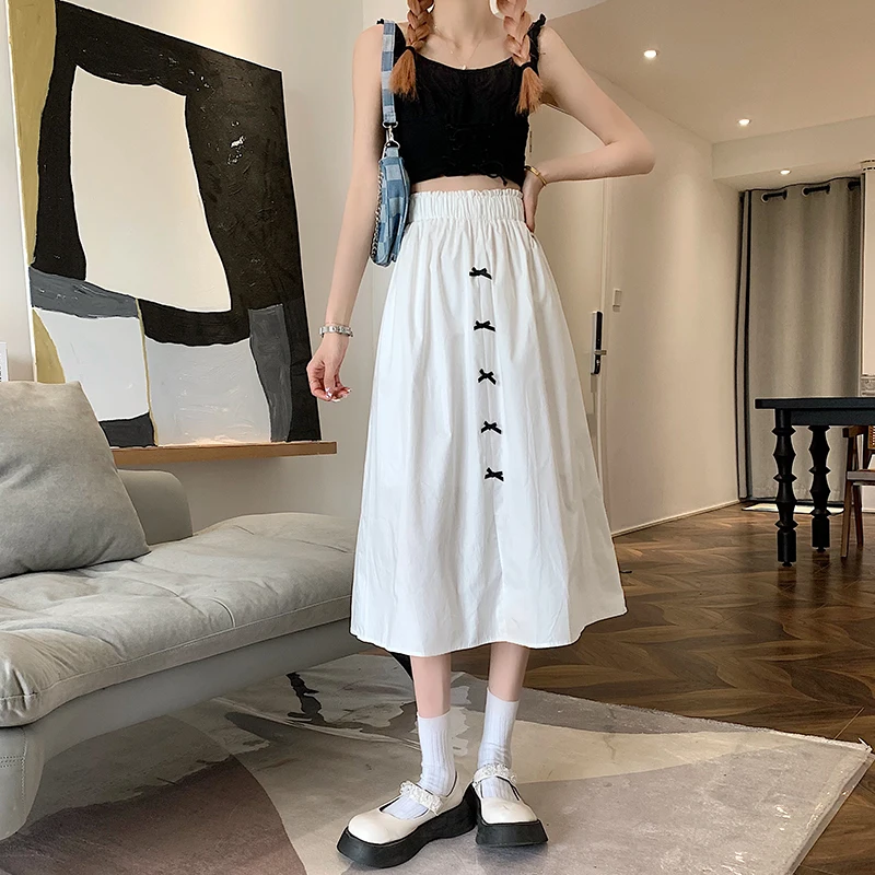 

Smlinan 2021 Summer Casual Vintage High-waisted Skirt Women Fashion Solid Bow A-line Long Skirts Korean Style White Black Skirt