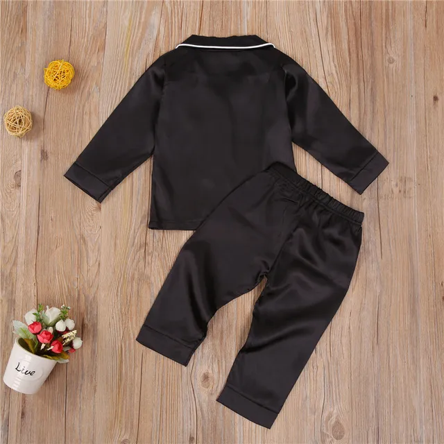 Baby Boy Black Satin Silk Pajama Sets Sleepwear Long Sleeve Top Pants 1-7Y Toddler Kids Children Summer Fall Casual Nightshirt 2