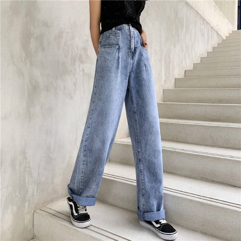 

2020 New High Waist Straight Jeans Women Wide Leg Vintage Blue Denim Pants Woman Streetwear Trousers 90s Jeans Casual Clothing
