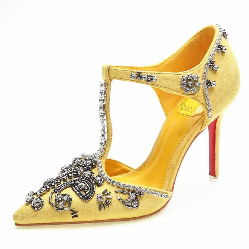 

8/11CM Wedding Party Women High Heels T-Strap Woman Pumps Fashion Female Shallow Pointed Toe Crystal Stilettos Shoes YG-85