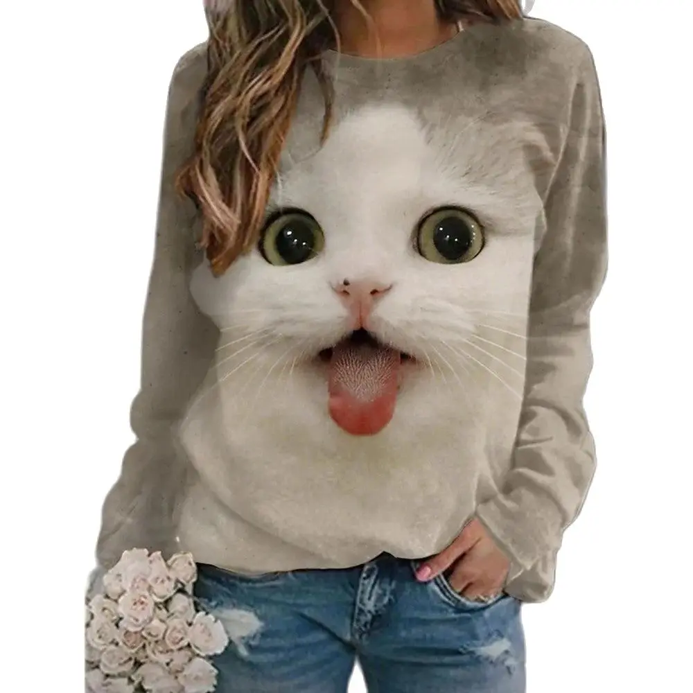 New 2022 Spring And Autumn Women's Pullover Tops Loose Blouse 3D Cartoon Cat Print Casual O-Neck Long-Sleeve T-Shirt