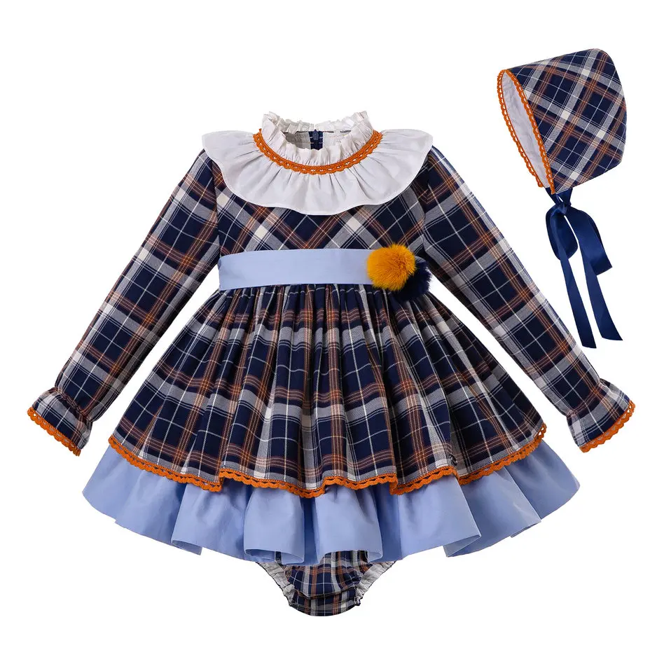 Pettigirl/рождественское платье для маленьких девочек; осеннее платье в синюю клетку+ штаны+ шапочка; Одежда для девочек; детское зимнее платье - Цвет: Blue