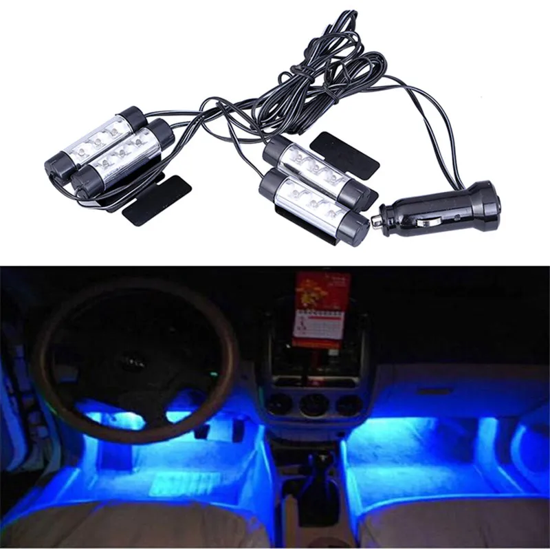 

1Set Car Auto Interior Atmosphere Light Car Charge 12V 4 X 3 LED Glow Decorative 4 in1 Blue Light Foot Lamp Car Styling