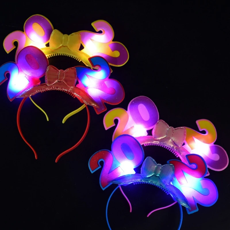 

2022 New Year Headband Light Up Flashing Bow Hair Hoop Elastic Photo Props