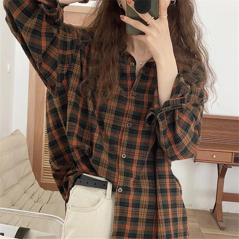 

QWEEK Plaid Shirts Womens Blouses and Tops Long Sleeve Female Casual Print Shirts Loose Cotton Checked Lady Outwear Spring News