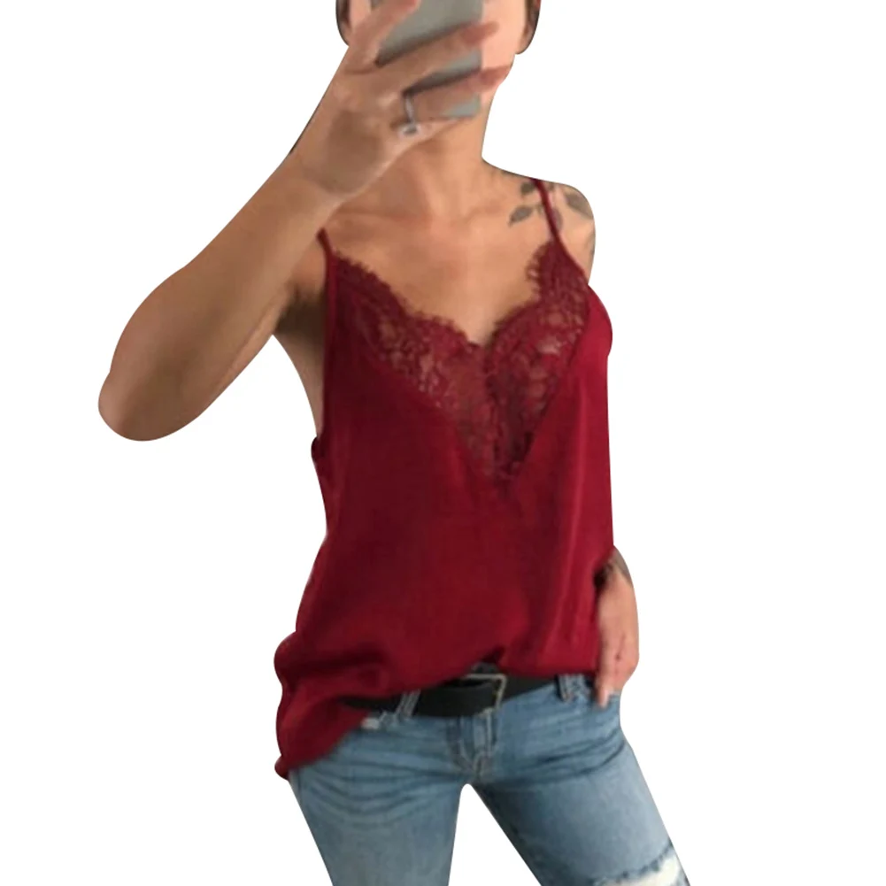 Women Lace Vest Strappy Sleeveless V Neck Loose Slim Fit Tank Tops for Summer KNG88 - Цвет: wine red