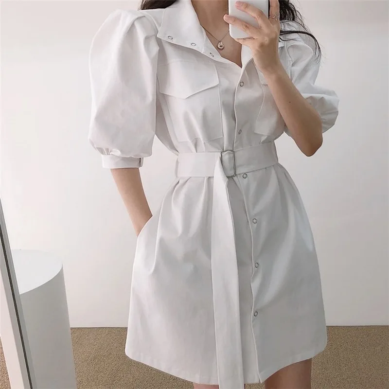 

Mazefemg New 2020 Women Summer Cargo Dresses High Waist Pockets Single Breasted Puff Sleeve Casual Lace up Mini Dress One Size