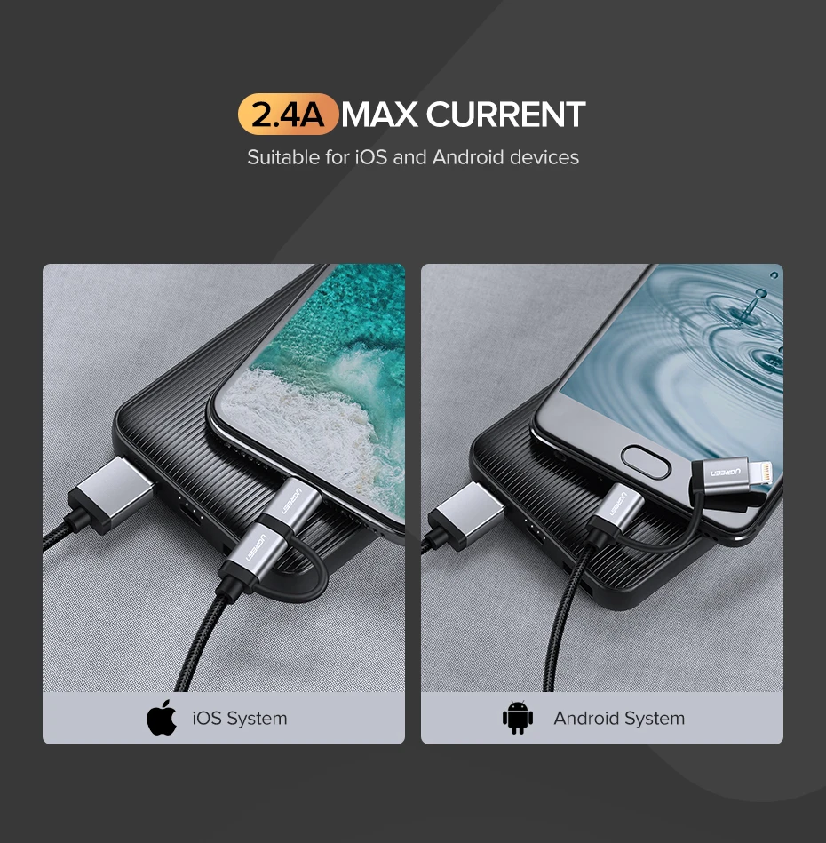 Ugreen 2 в 1 USB кабель для iPhone Pro 11 Max X 8 7 Быстрая зарядка Lightning+ Micro USB кабель для samsung Xiaomi huawei USB шнур