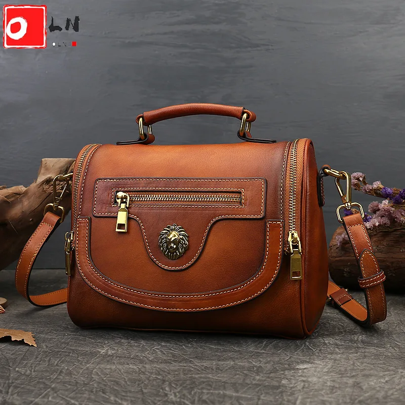 High Quality Vintage Boston Women Shoulder Bag Luxury Design Soft Vegetable Tanned Leather Handbags For Woman Free Shipping New