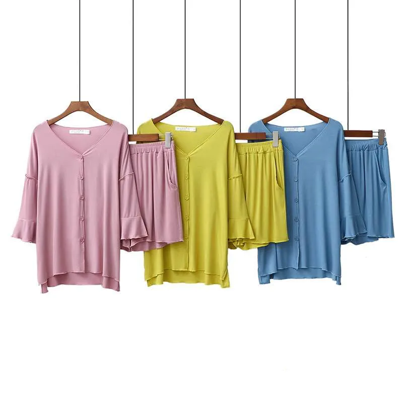 New Summer Pajamas Female Pure Cotton Short sleeve mid shorts Lotus leaf Pyjamas Large Size Spliced Home Suit | Женская одежда