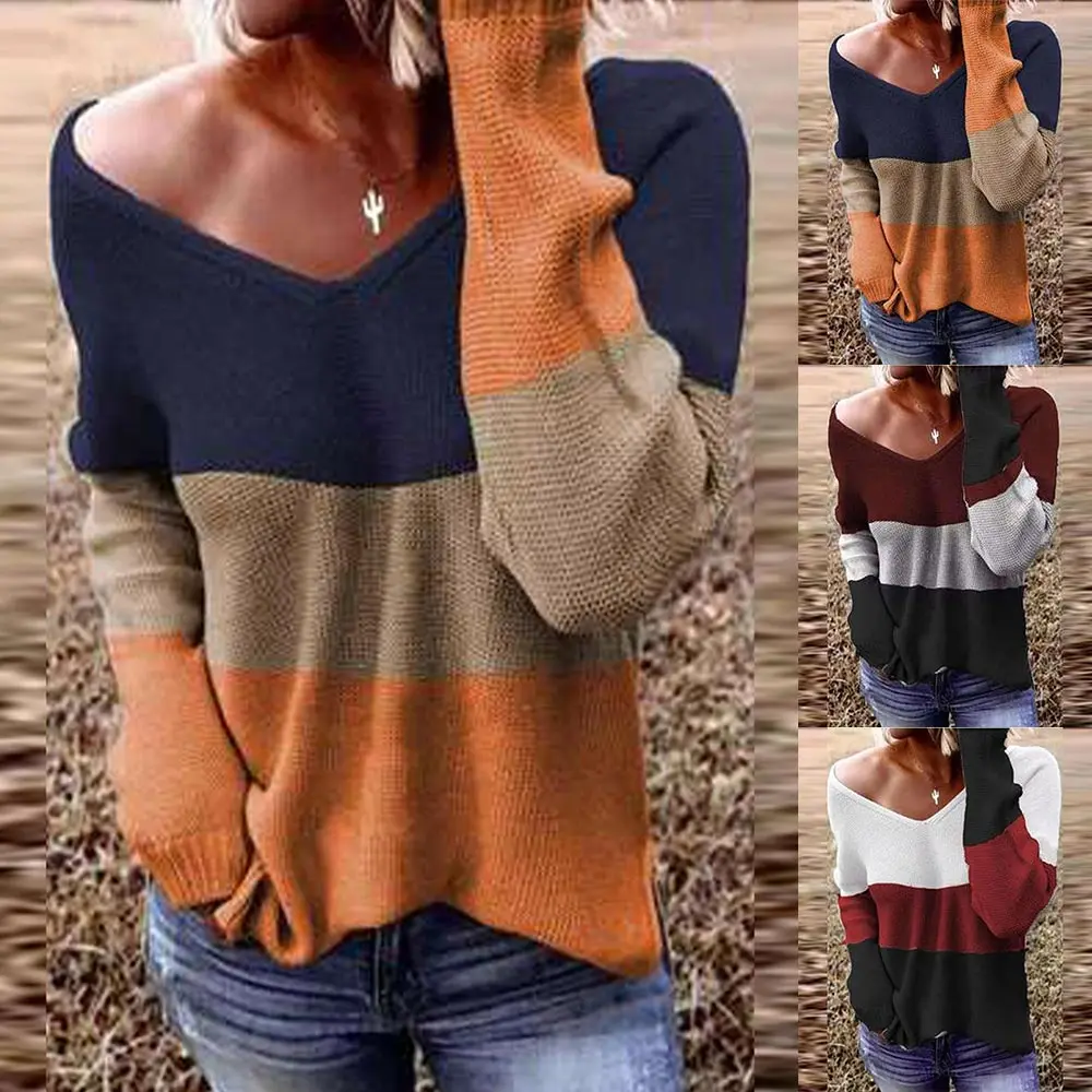 

Long Sleeve V-Neck Sweater Striped Printed Women Knit Tops Fashion Casual Pullover Jumper Female Sweater Blouses
