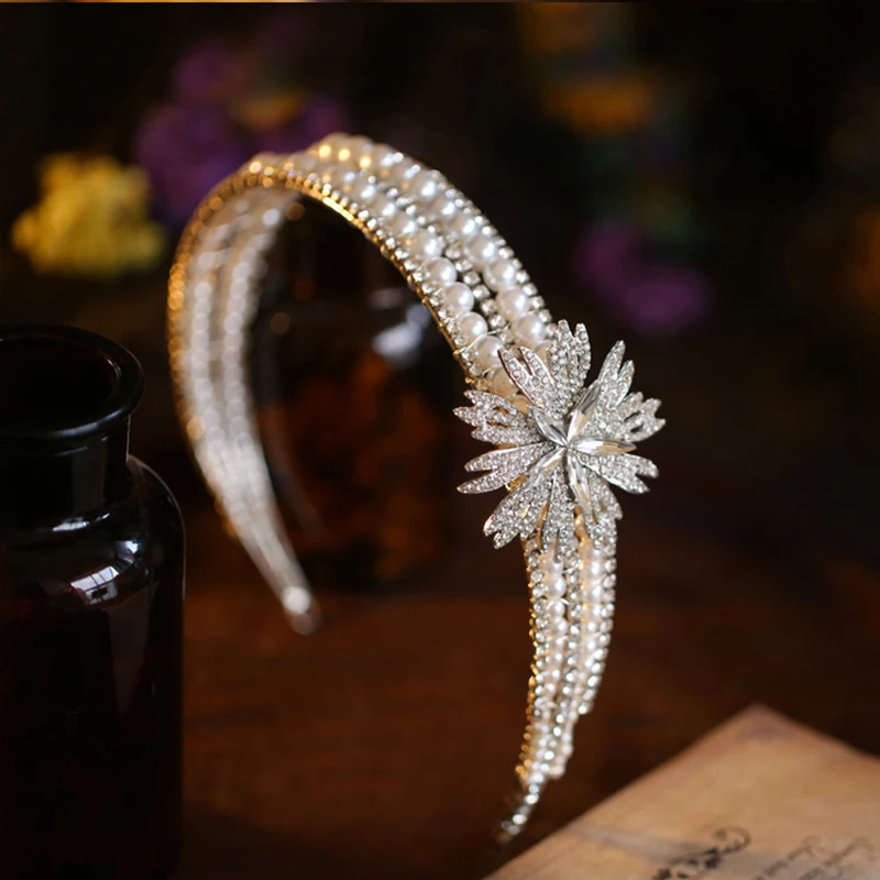 

NiuShuya New Retro Luxury French Style Rhinestone Flower Bridal Headdress Multi-layer Pearl Headband Wedding Dress Hair Accessor