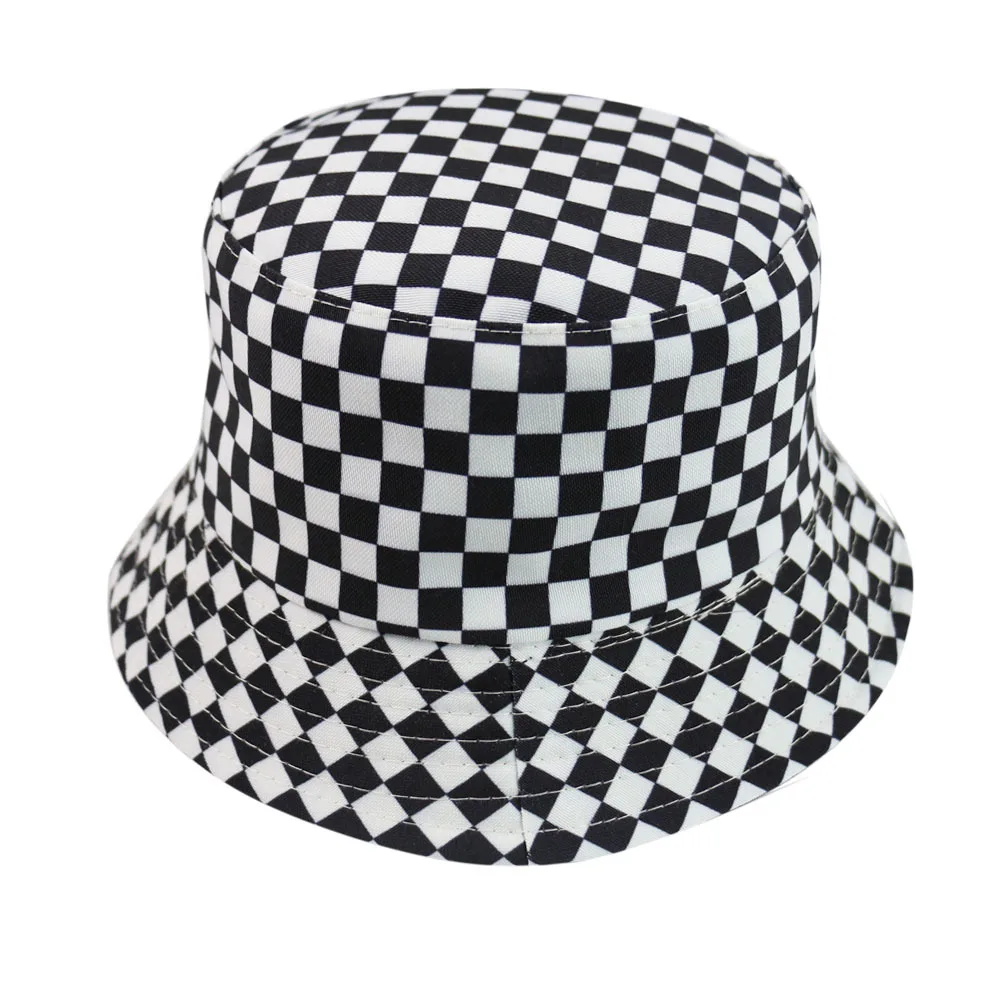 1pcs New Fashion Reversible Black White plaid Pattern Bucket Hats Fisherman Caps For Women Summer