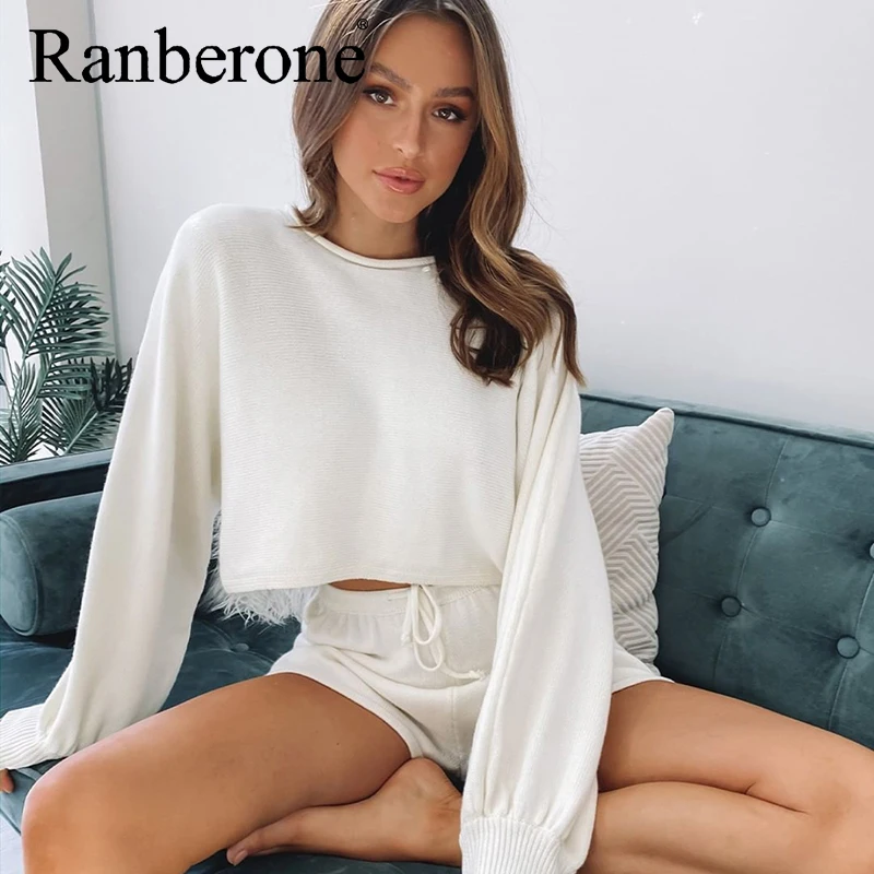 Ranberone Fashion Summer Women Set Long Sleeve Crop Top + Solid Shorts Sport Suit Female Breathable Fitness Tracksuit Wives 2021