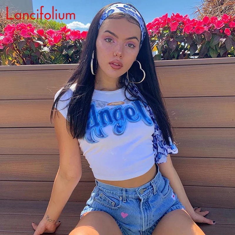 

Sexy Crop Top Women Summer Angel Letter Graphic Y2k Aesthetic Cropped Tee Shirt Ladies 2020 Baddie Egirl Cute Crop Top White