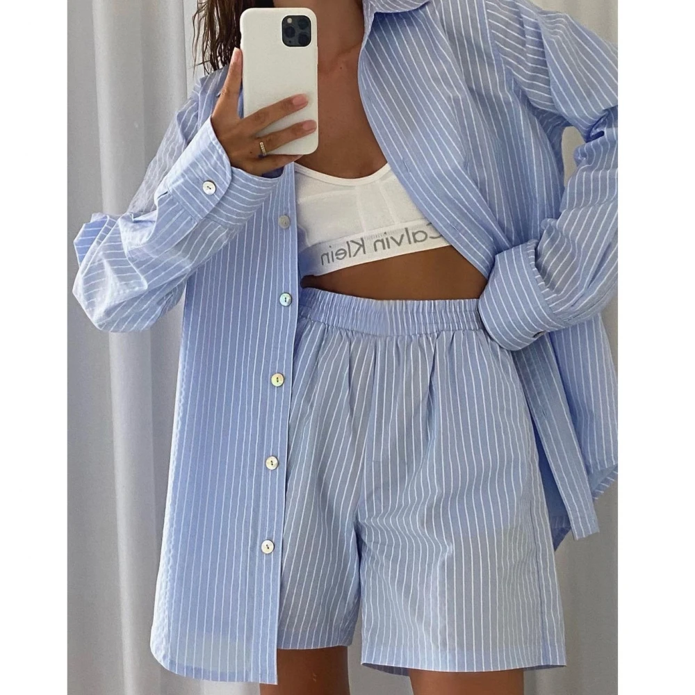 

Two Piece Set Loung Wear Tracksuit Women Shorts Set Stripe Long Sleeve Shirt Tops And Loose High Waisted Mini Shorts 2021