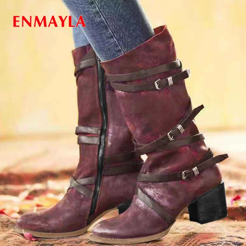 

ENMAYLA Round Toe Synthetic Mid-Calf Women Boots Work & Safety Zip Square Heel Winter High Heel Boots Short Plush Solid Chain